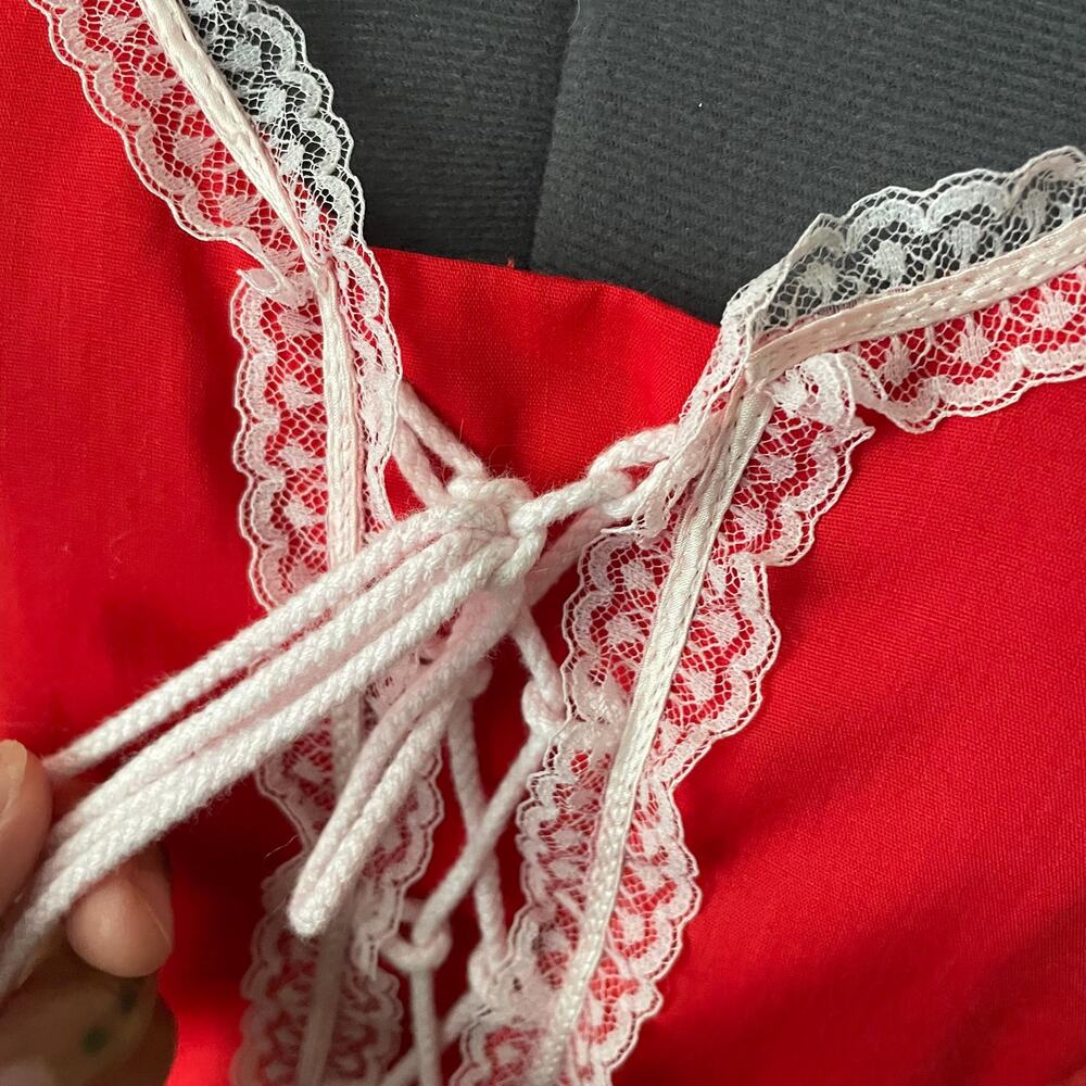 70's vtg red prairie cottage core dress lace up milkmaid square dancing Jeri Bee - Picture 10 of 11